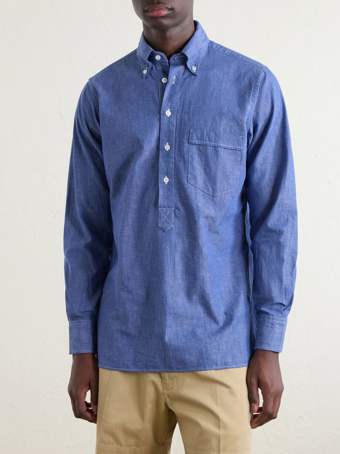 Drake's - Button-Down Collar Cotton and Linen-Blend Polo Shirt - Blue