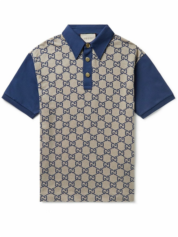 Photo: GUCCI - Panelled Cotton-Jersey and Logo-Jacquard Silk-Blend Polo Shirt - Blue