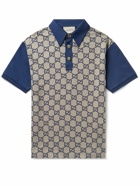 GUCCI - Panelled Cotton-Jersey and Logo-Jacquard Silk-Blend Polo Shirt - Blue