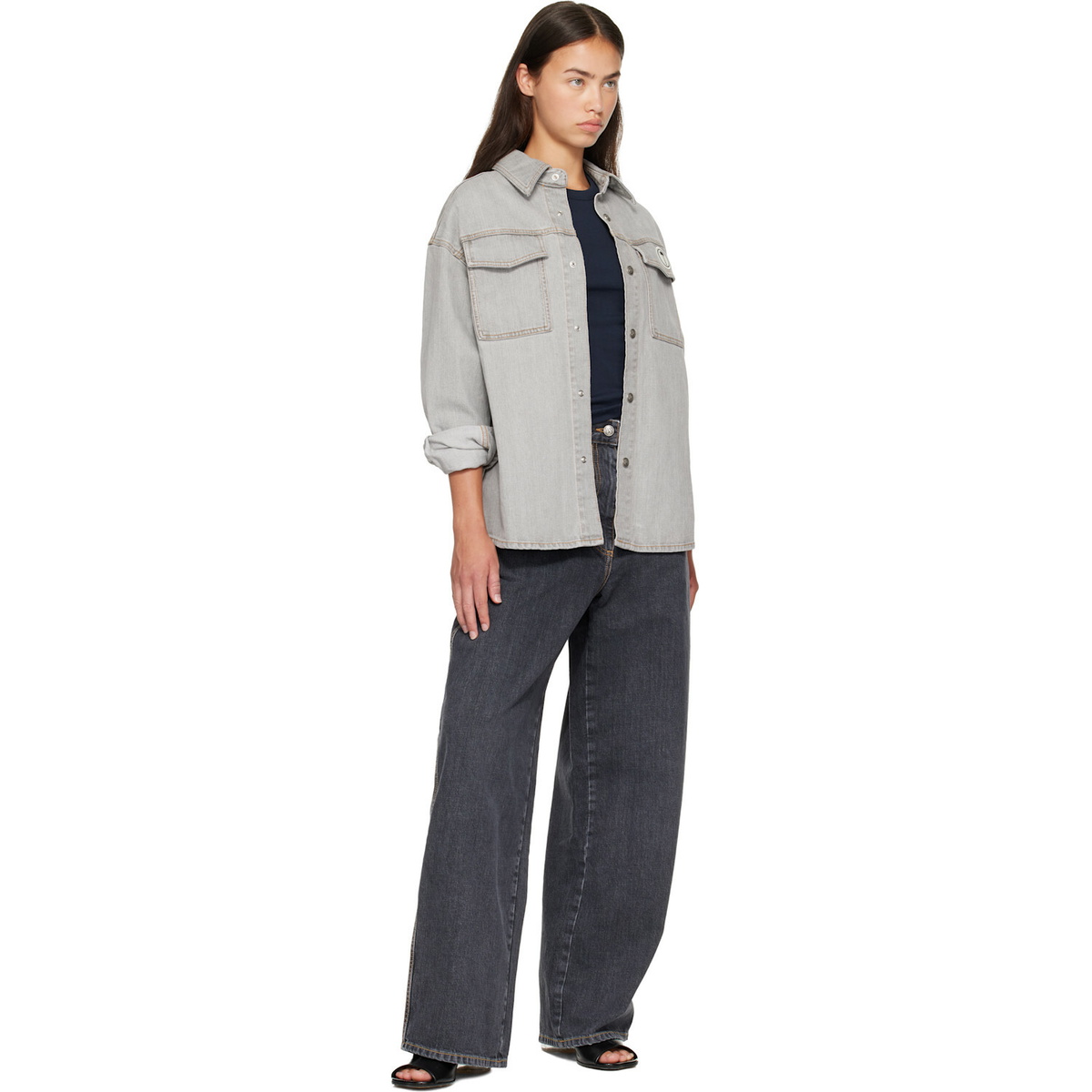 Palm Angels Gray Tree Logo Denim Overshirt