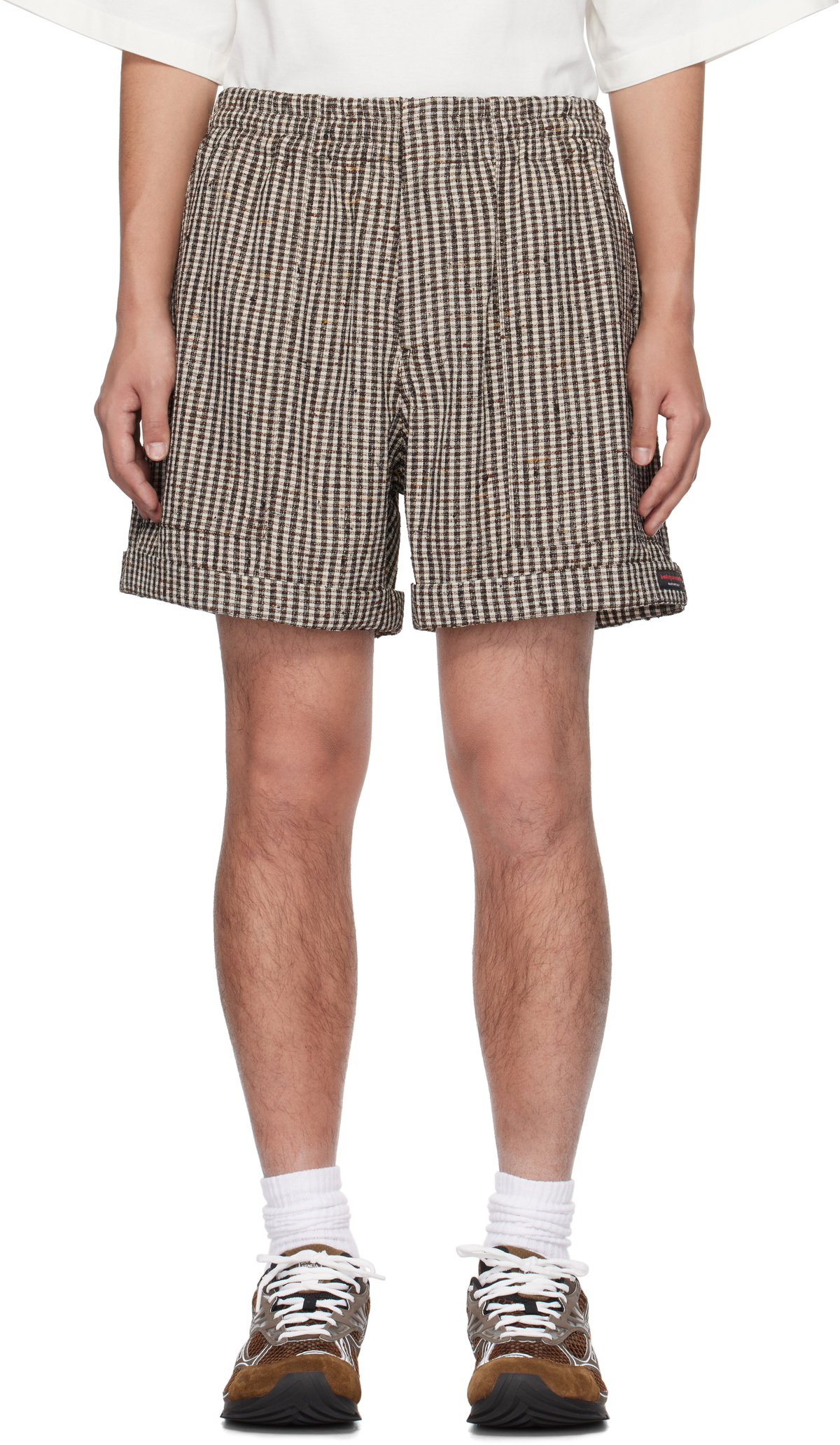 Bottega Veneta Brown & White Knotted Viscose Mini Check Shorts