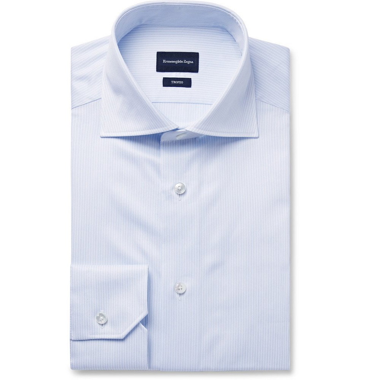 Photo: Ermenegildo Zegna - Blue Trofeo Slim-Fit Cutaway-Collar Pinstriped Cotton-Poplin Shirt - Blue