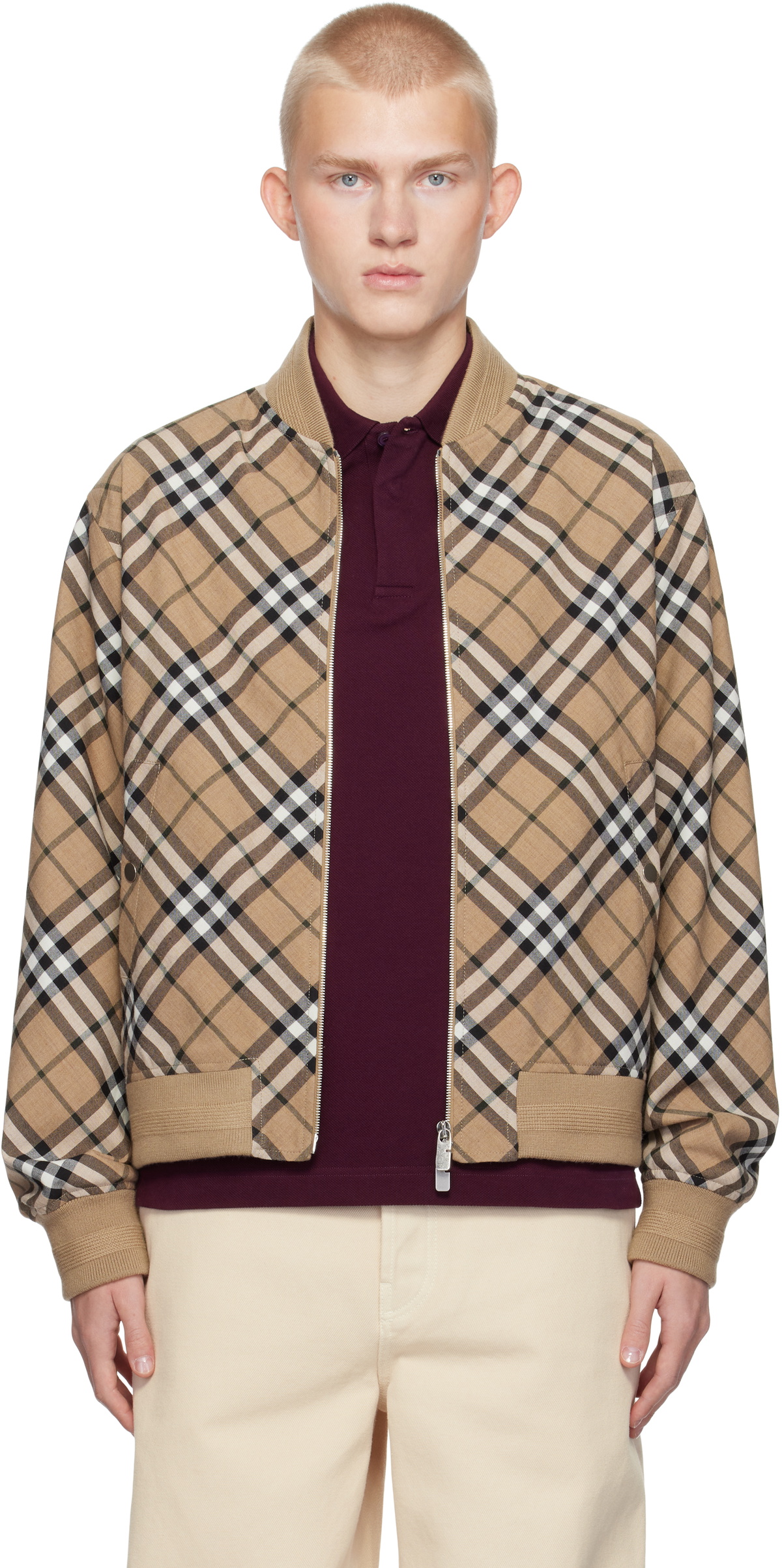 Burberry Beige Check Wool Blend Harrington Bomber Jacket