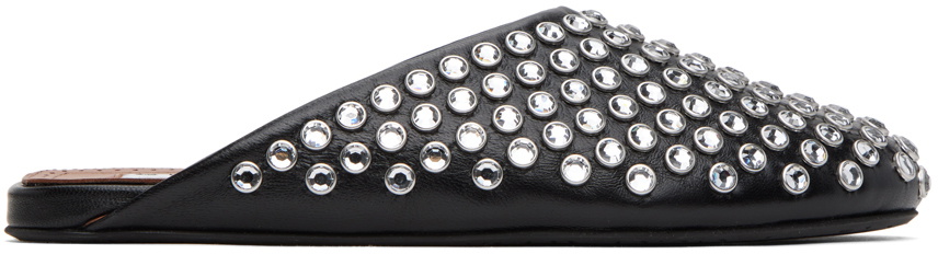 ALAIA FLAT MULES IN STRASS BLACK LAMBSKIN WITH RHINSTONES