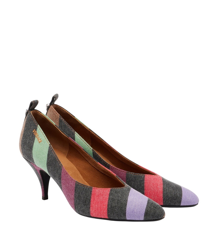 Photo: Versace Tina striped denim pumps