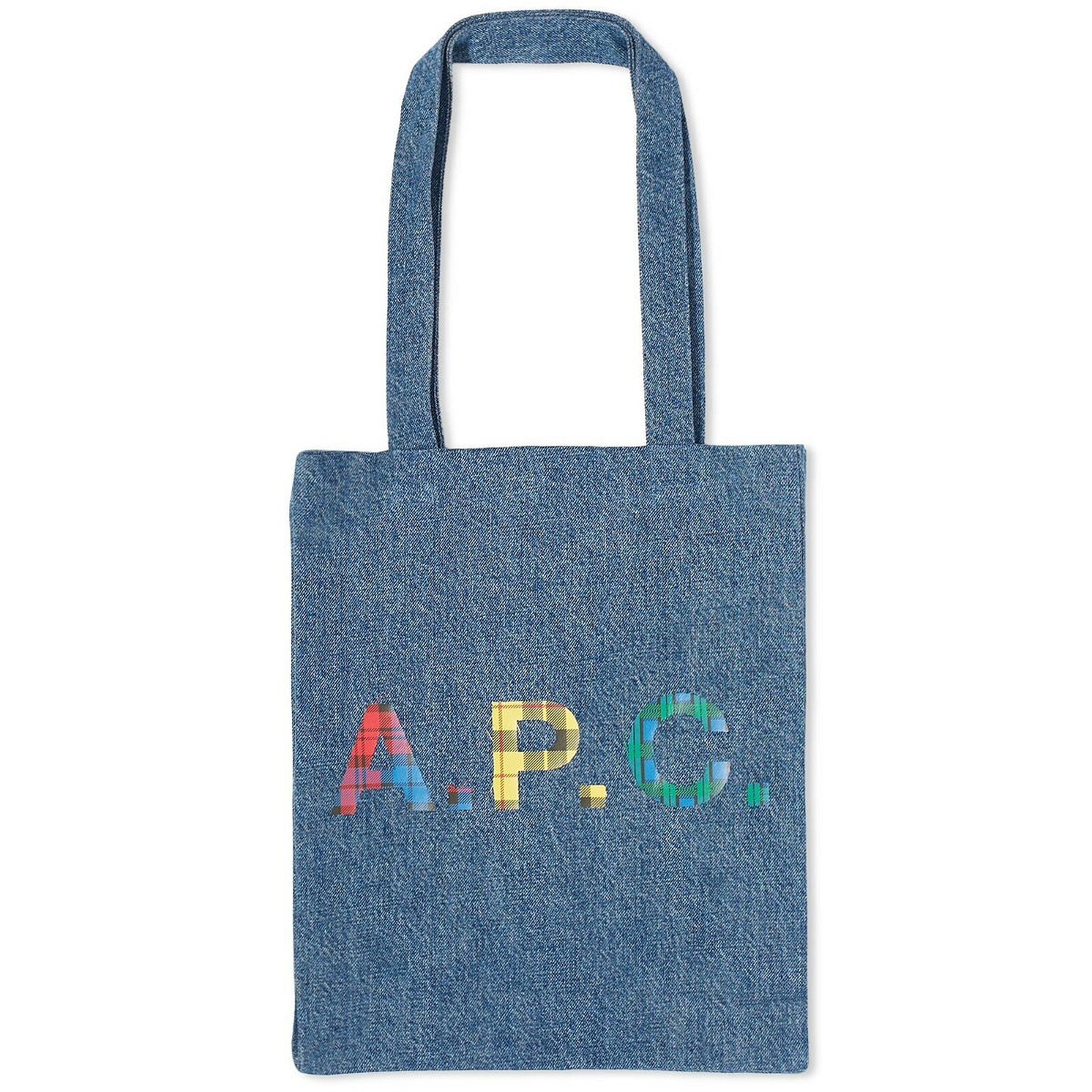 Photo: A.P.C. Lou Tartan Logo Denim Tote Bag in Washed Indigo