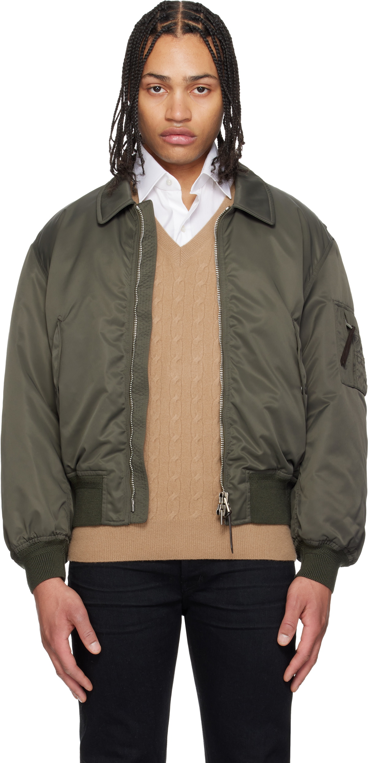 TOM FORD Green Satin Nylon Flight Bomber Jacket