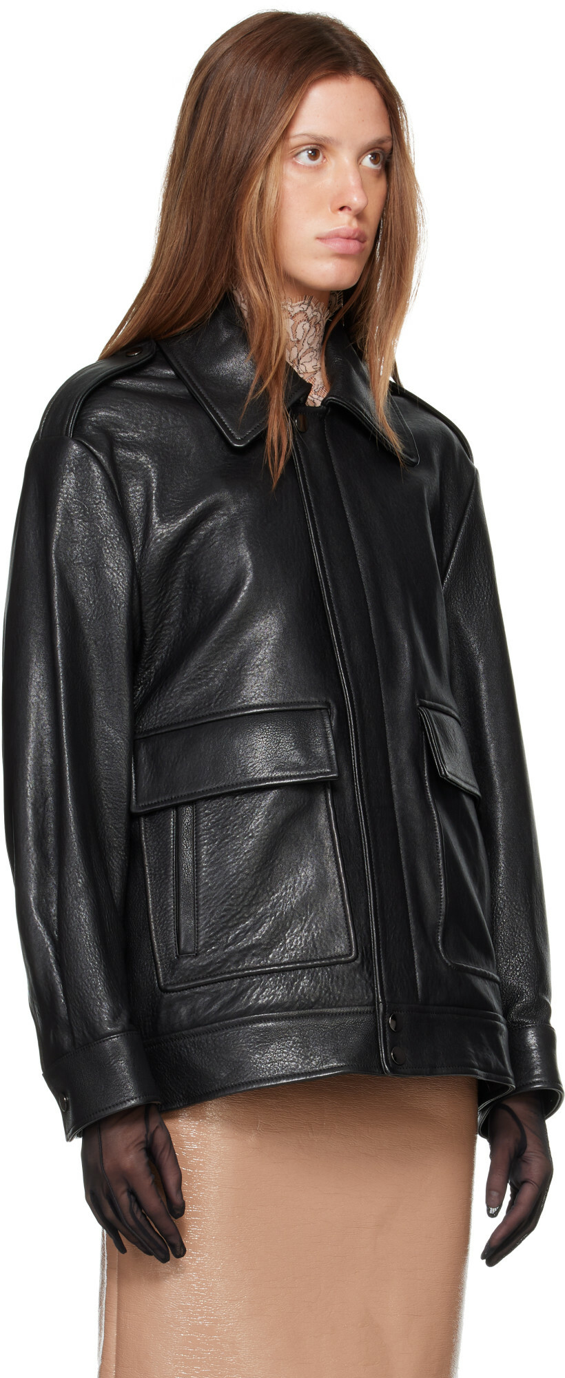 Nour Hammour Black Drey Leather Bomber Jacket