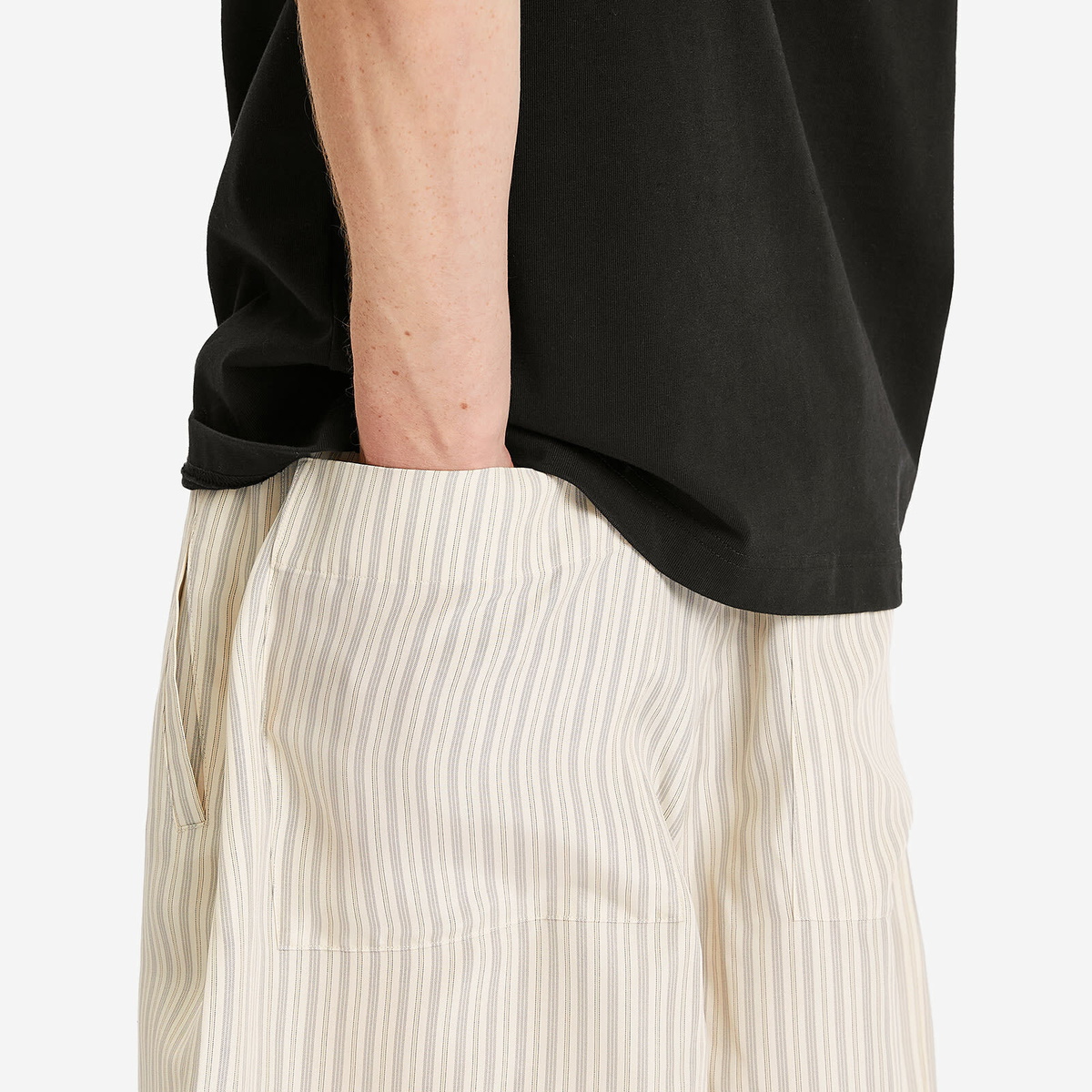 Róhe Men's Stripe Silk Drawstring Shorts in Cream Heritage Stripe