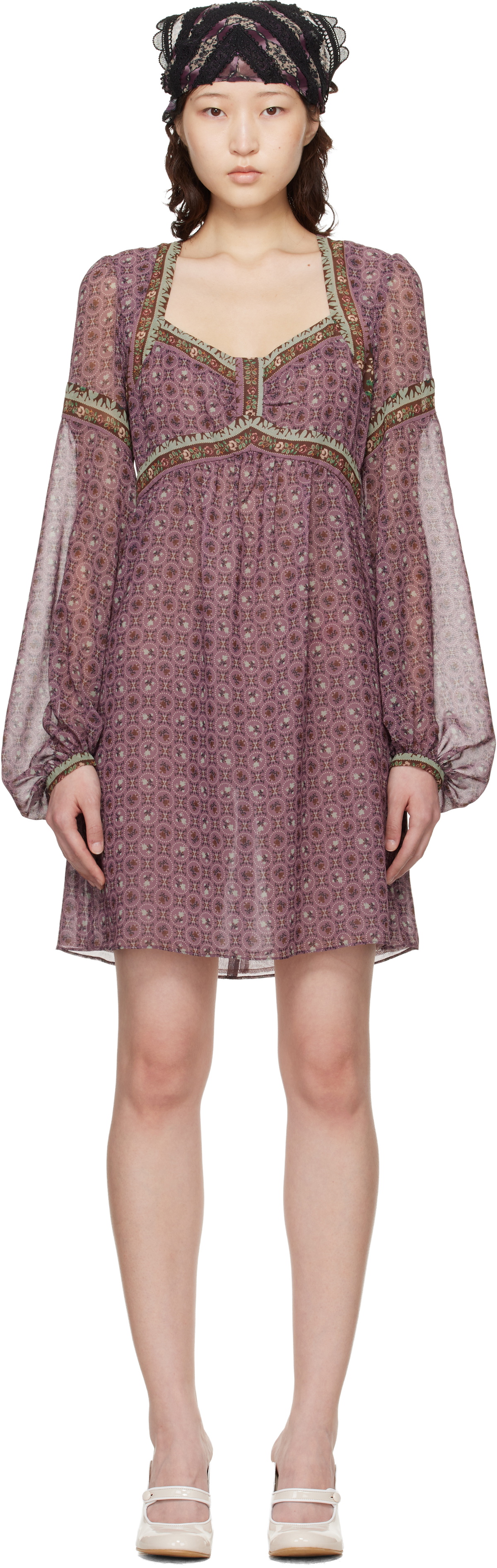 Anna Sui Purple Puff Sleeve Minidress