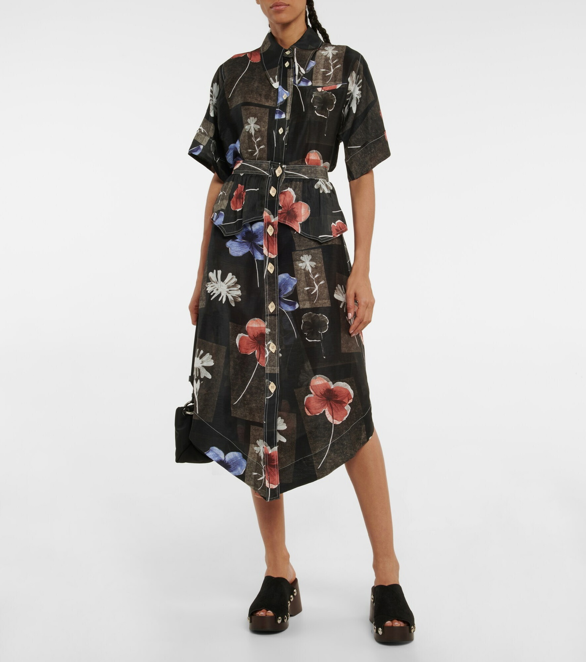 Ganni - Floral silk and linen midi skirt GANNI