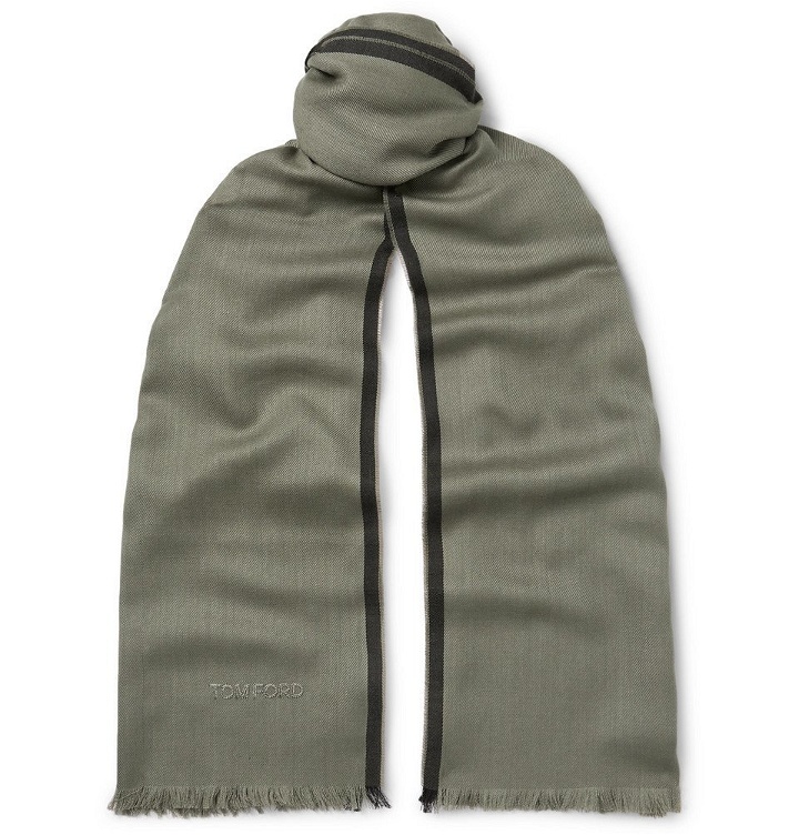Photo: TOM FORD - Logo-Embroidered Cashmere, Silk and Wool-Blend Twill Scarf - Men - Green