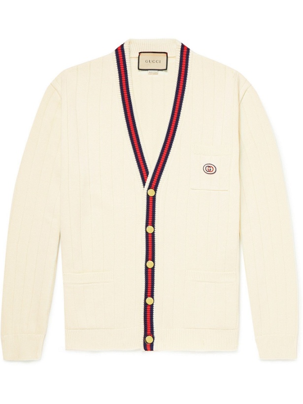 Photo: Gucci - Logo-Appliquéd Striped Ribbed Cotton Cardigan - Neutrals