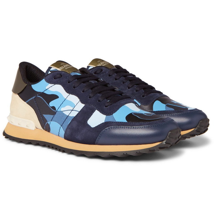 Photo: Valentino - Valentino Garavani Rockrunner Camouflage-Print Canvas, Leather and Suede Sneakers - Men - Blue