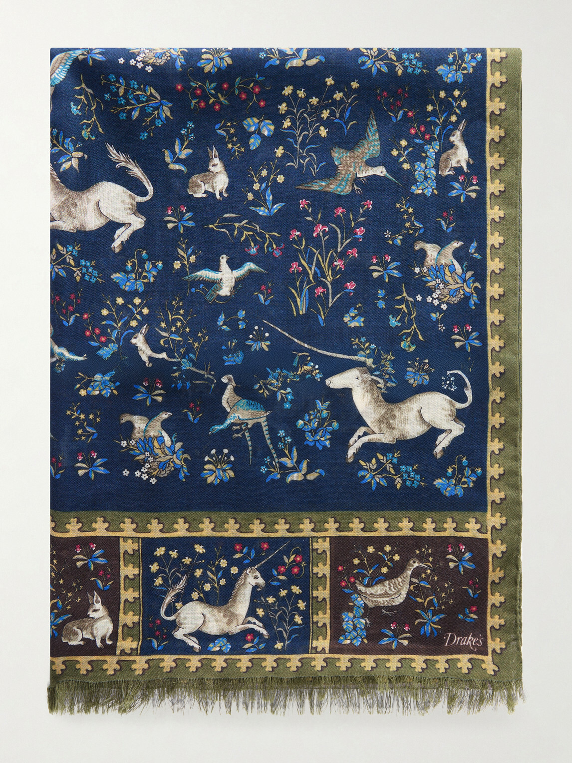 Drake's - Fringed Printed Wool and Silk-Blend Scarf