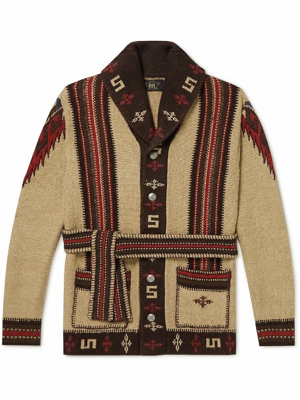 Photo: RRL - Belted Shawl-Collar Jacquard-Knit Linen, Cotton and Silk-Blend Cardigan - Brown