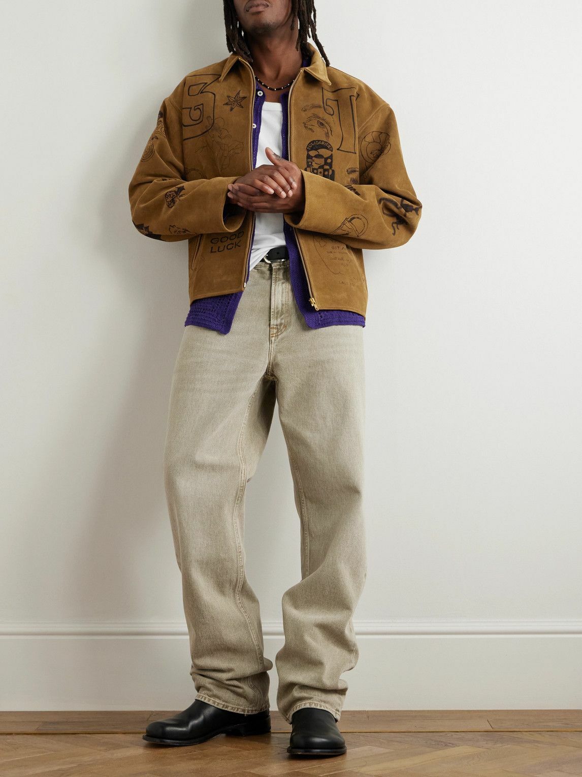 Small Talk - Printed Suede Blouson Jacket - Brown