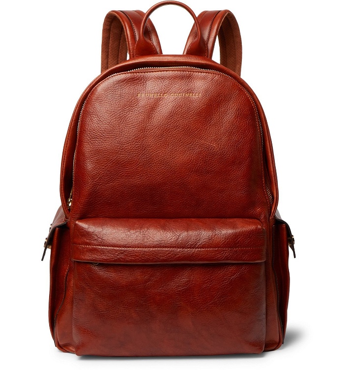 Photo: Brunello Cucinelli - Suede-Trimmed Burnished Full-Grain Leather Backpack - Brown