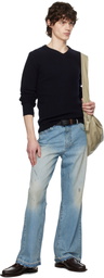 Tonywack Navy Super Fine Wool Ribbed V-Neck Sweater