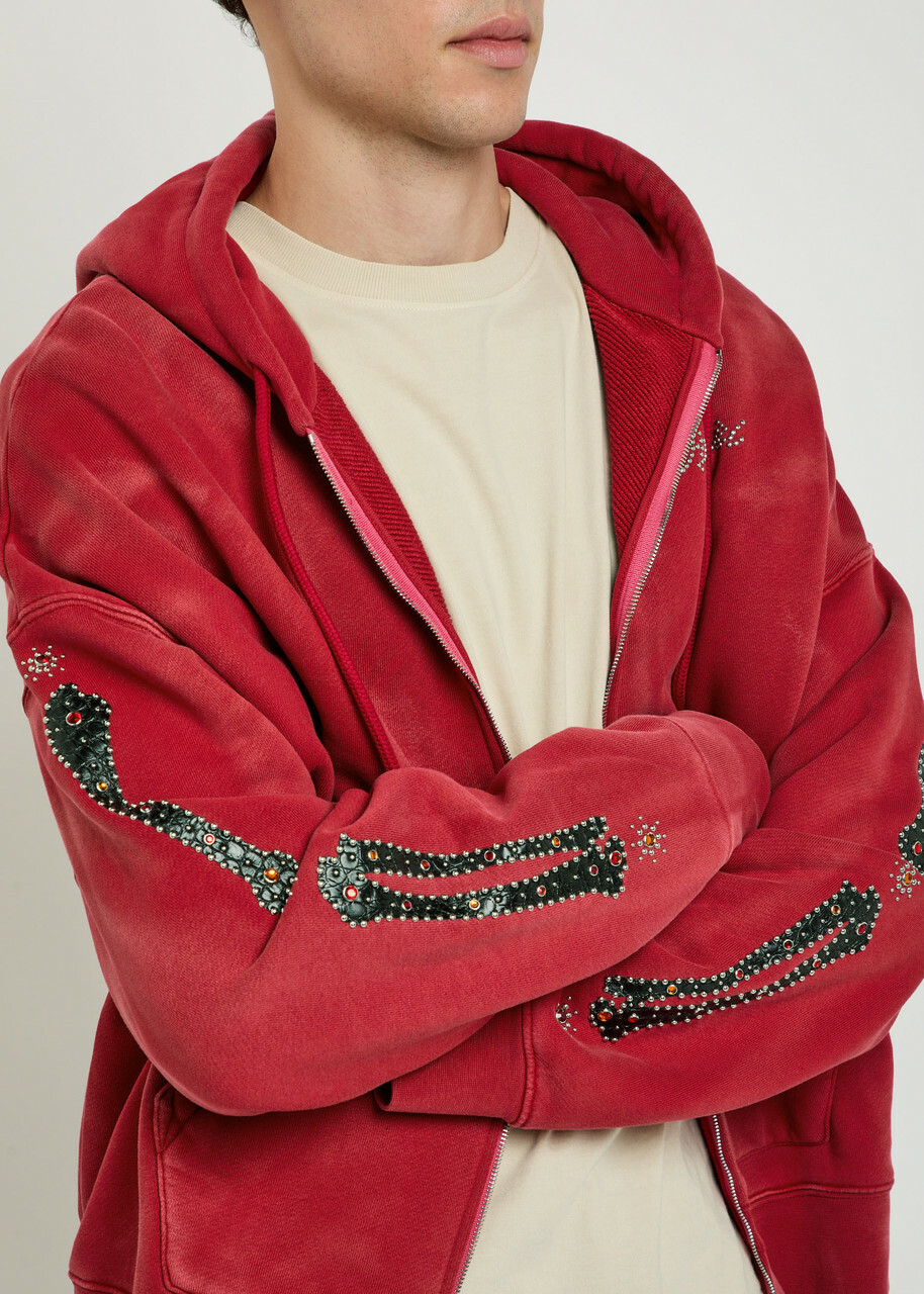 Amiri Amiri Bones Embellished Hooded Cotton Sweatshirt Red