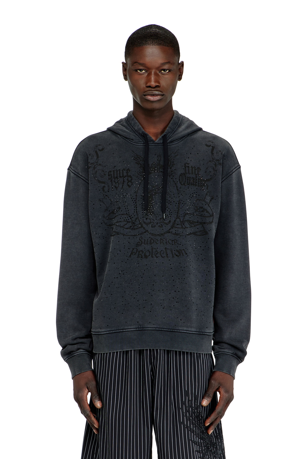 Diesel Printed hoodie with rhinestone studs - Sweaters Mens in Grey