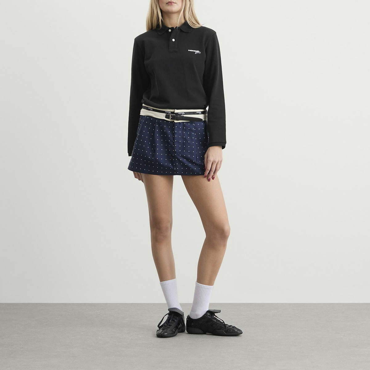 Hommegirls Women's Flip Waist Belt Mini Skirt in Navy Polka Dot