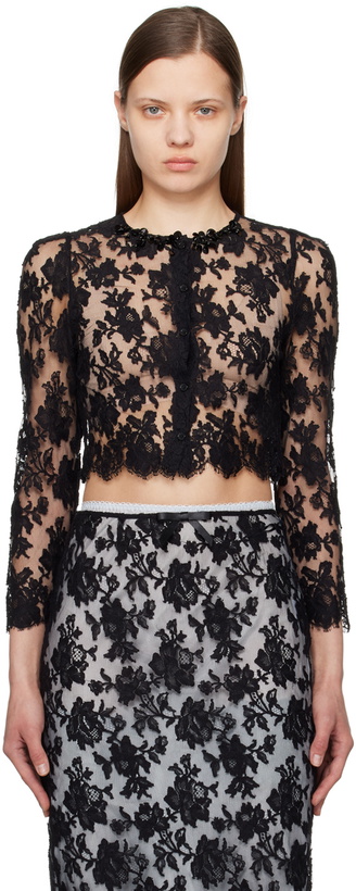 Photo: SHUSHU/TONG Black Lace Round Neck Cardigan