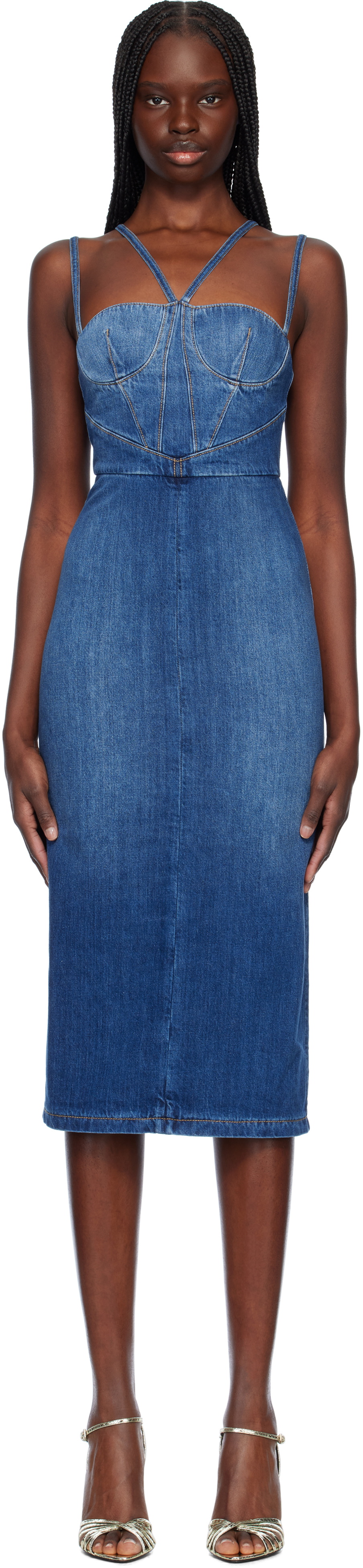 Nensi Dojaka Blue Gaelle Corset Denim Midi Dress