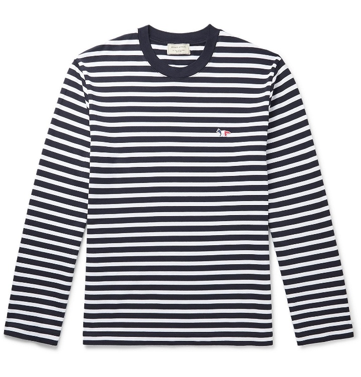 Photo: Maison Kitsuné - Logo-Appliquéd Striped Cotton-Jersey T-Shirt - Blue