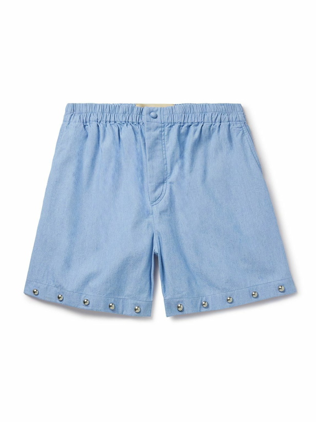 Photo: Valentino Garavani - Straight-Leg Studded Cotton-Chambray Shorts - Blue