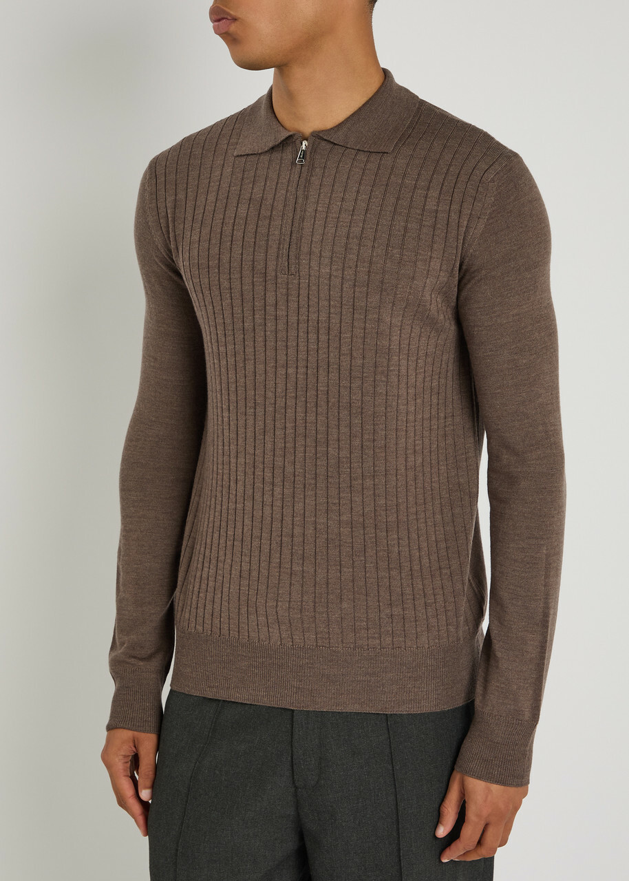 Aurélien Ribbed-knit Wool Polo Shirt Taupe