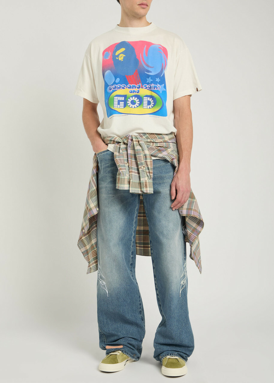 Saint Mxxxxxx X A Bathing Ape God Printed Cotton T-shirt White