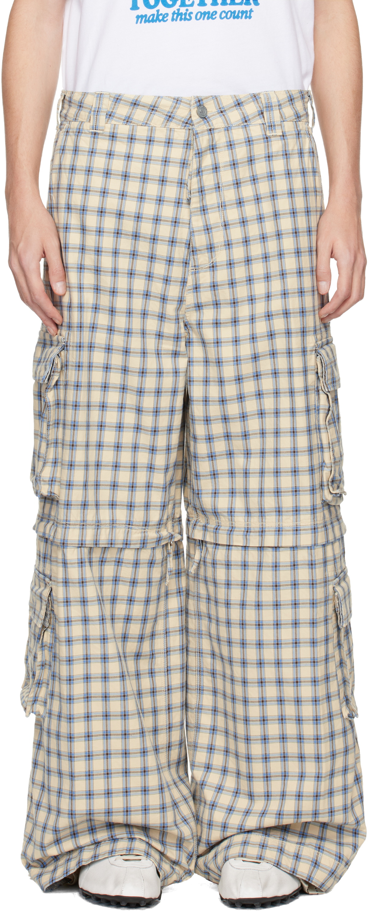 ERL Off-White & Blue Zip-Off Plaid Cargo Pants