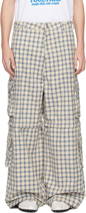 Photo: ERL Off-White & Blue Zip-Off Plaid Cargo Pants