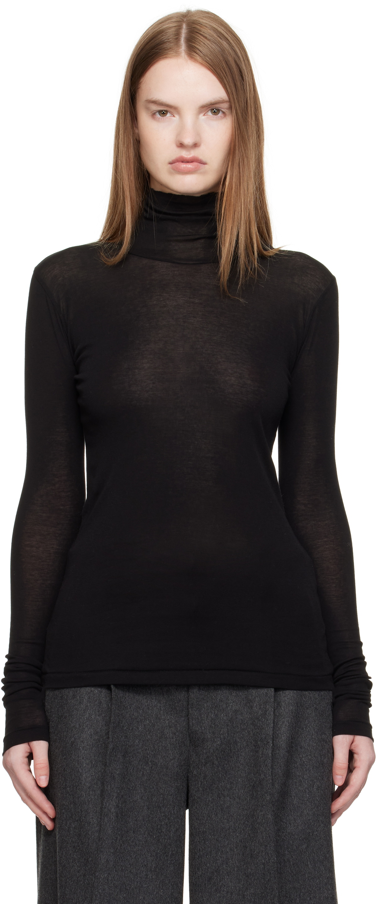 AURALEE: Black Super High Gauge Sheer Rib Turtleneck | SSENSE