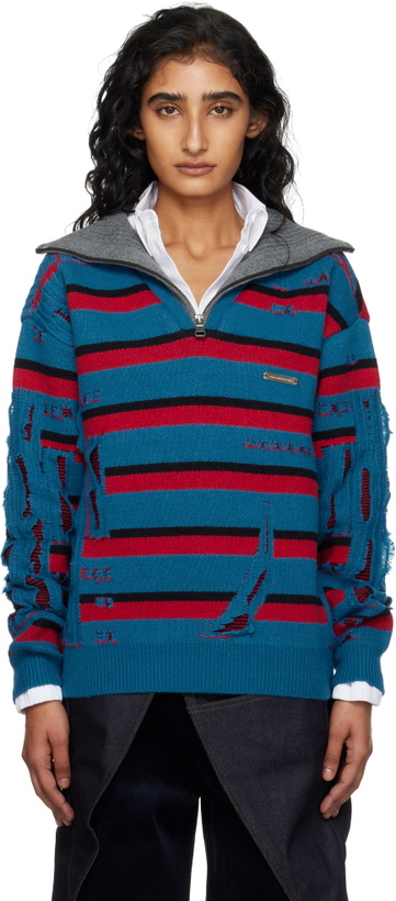 Photo: Andersson Bell Blue & Red Stripe Jacquard Half Zip-Up Sweater