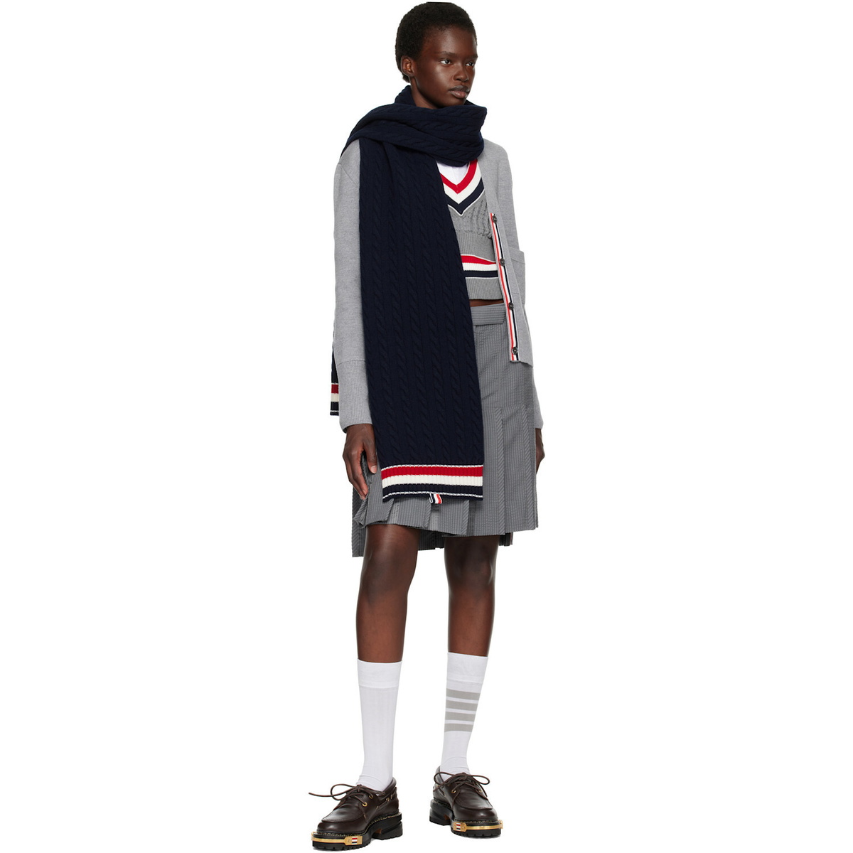 Thom Browne Navy Cable Knit Wool Scarf