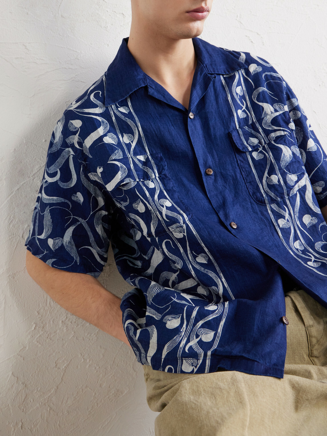 KAPITAL - Okura Camp-Collar Printed Linen Shirt - Blue