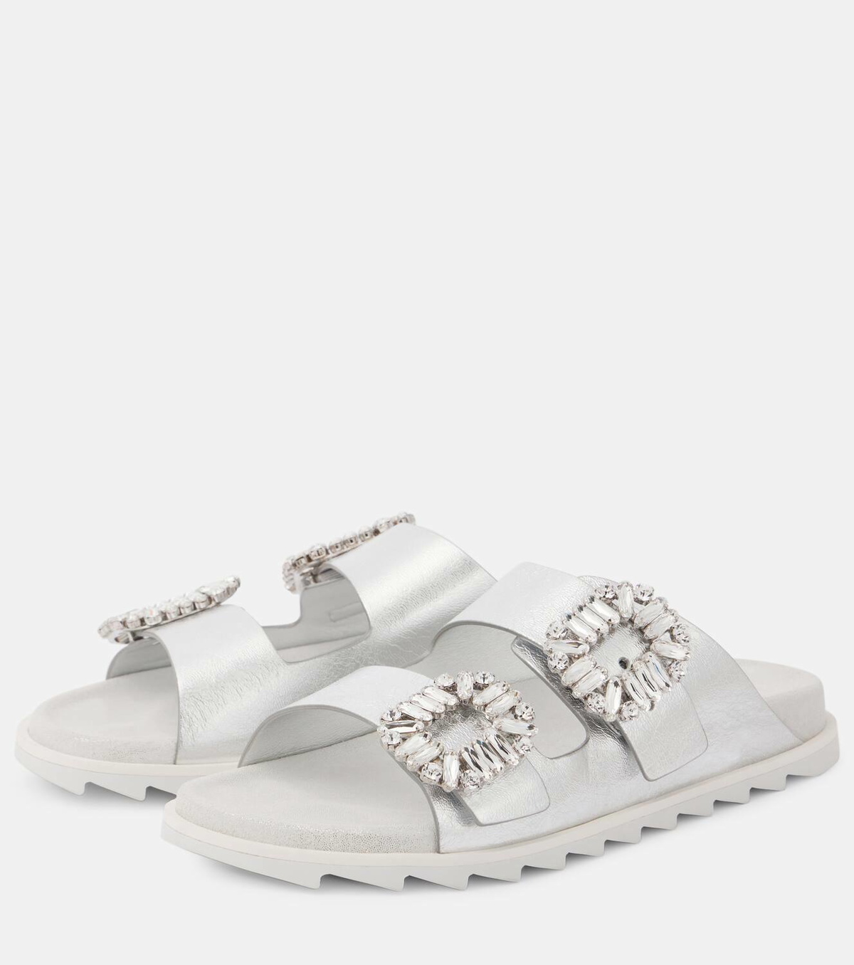 Roger Vivier Crystal-embellished metallic leather slides