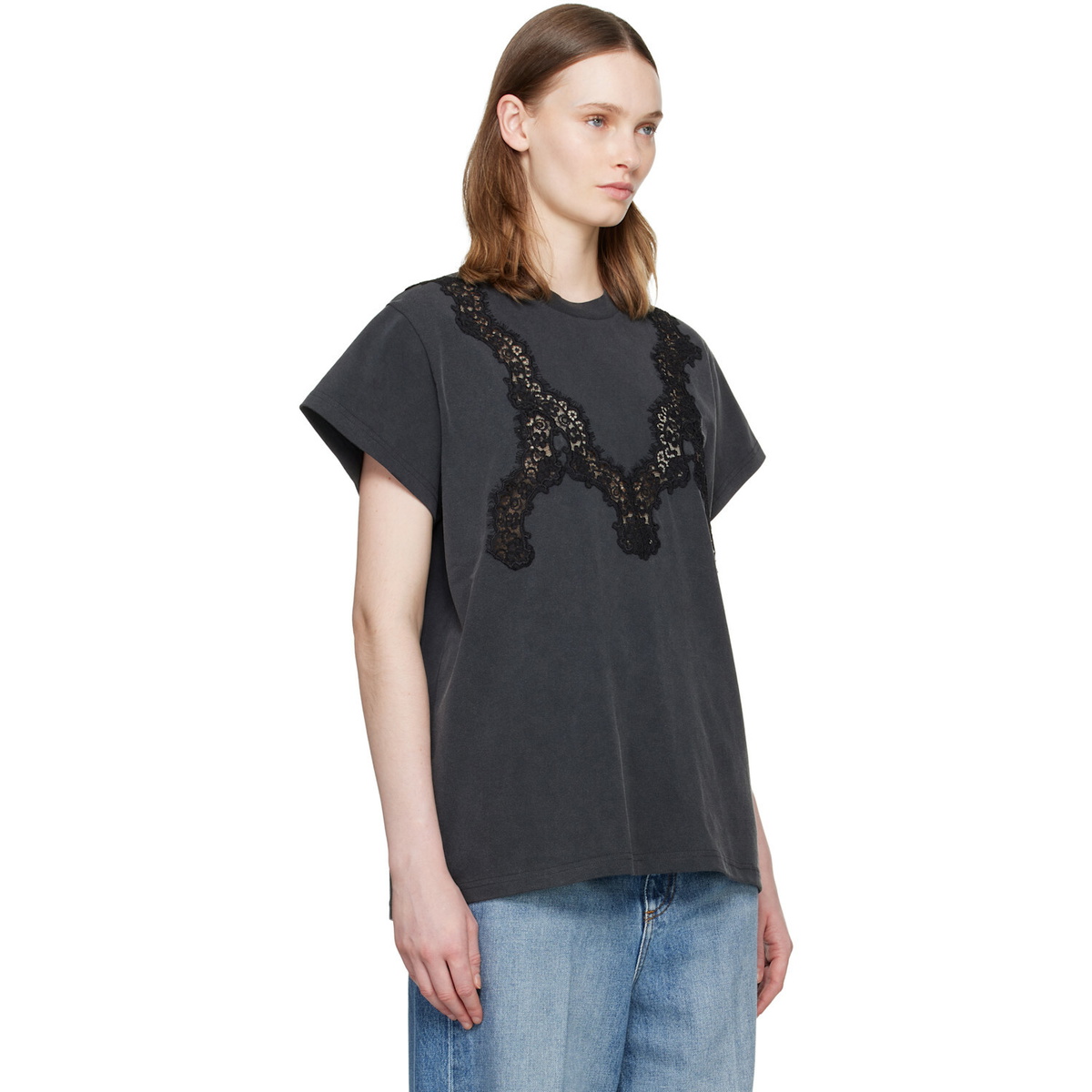 Stella McCartney Black Lace Mix Washed Jersey Cotton T-shirt