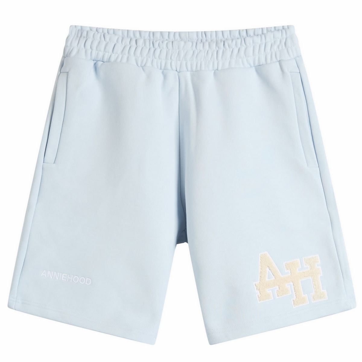 ANNIE HOOD Men's College Sweat Shorts in Baby Blue/White
