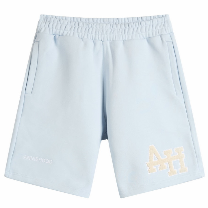 Photo: ANNIE HOOD Men's College Sweat Shorts in Baby Blue/White