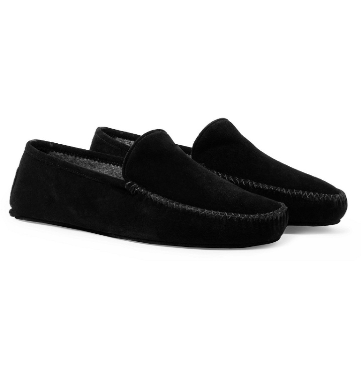 Photo: Thom Sweeney - Cashmere-Lined Suede Slippers - Black