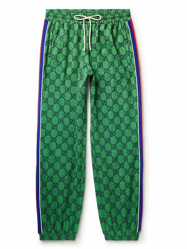 Photo: GUCCI - Tapered Webbing-Trimmed Monogrammed Tech-Jersey Track Pants - Green