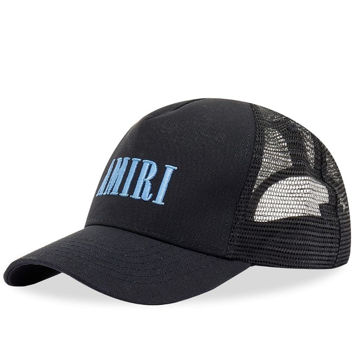 Photo: AMIRI Women's Core Logo Trucker Hat in Black/Dusty Blue