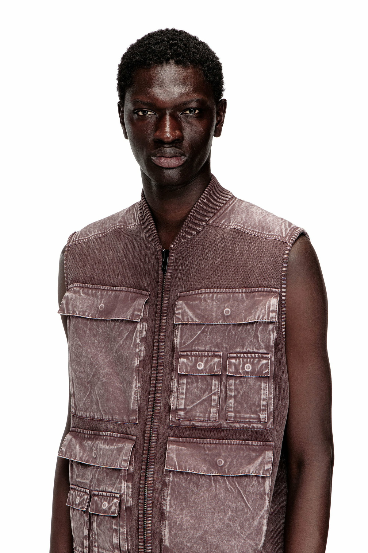 Diesel Zip-up knitted vest with cargo pockets - Knitwear Mens in Brown