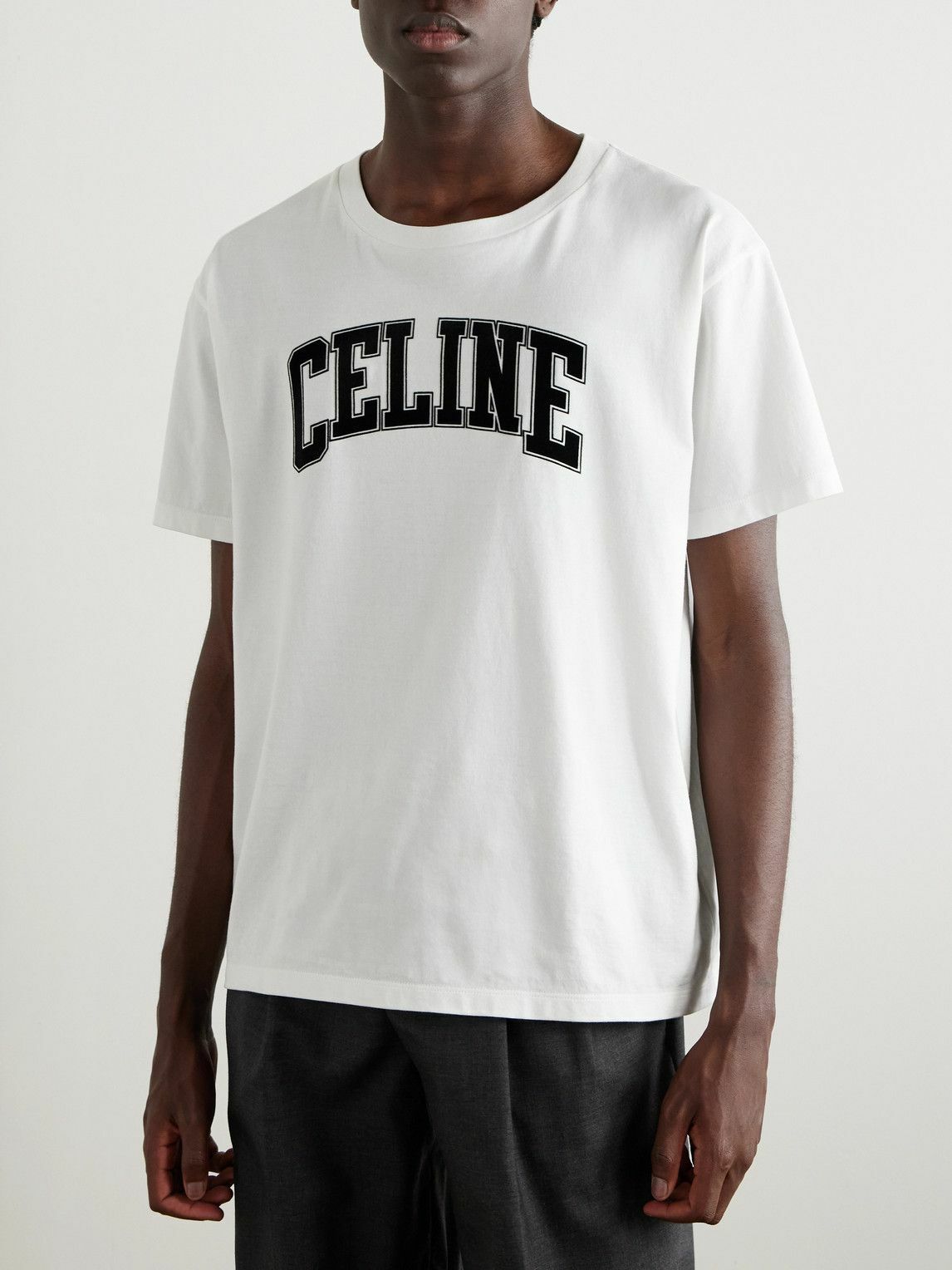 CELINE - Logo-Flocked Cotton-Jersey T-Shirt - Neutrals