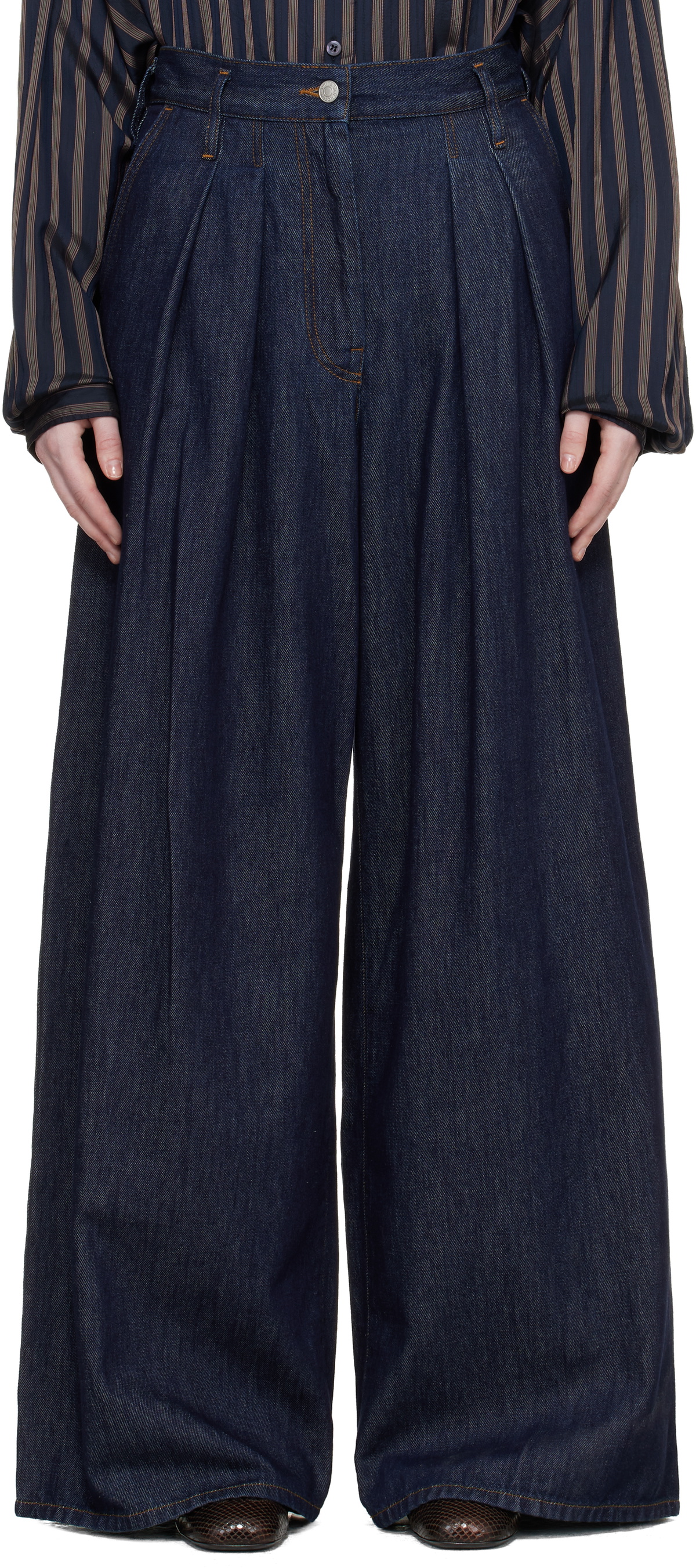 Dries Van Noten Indigo Wide Pleated Jeans