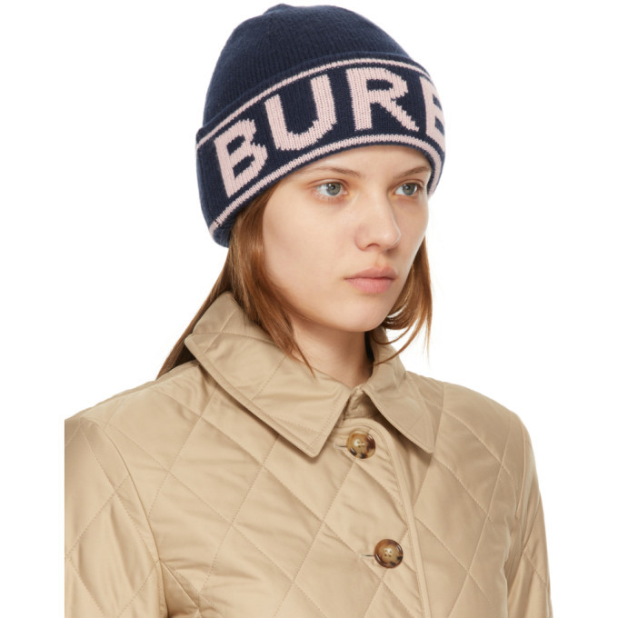 Burberry Navy Cashmere Intarsia Logo Beanie Burberry