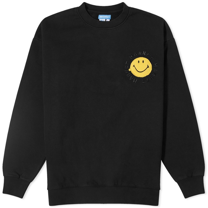 Photo: MARKET Men's Smiley Vintage Wash Crew Sweater in Washed Black